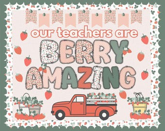 Tablero de anuncios de agradecimiento al maestro en primavera / Decoración de aula con fresas / Decoración floral de bayas para escuelas / Letras del alfabeto dibujadas a mano en formato PNG