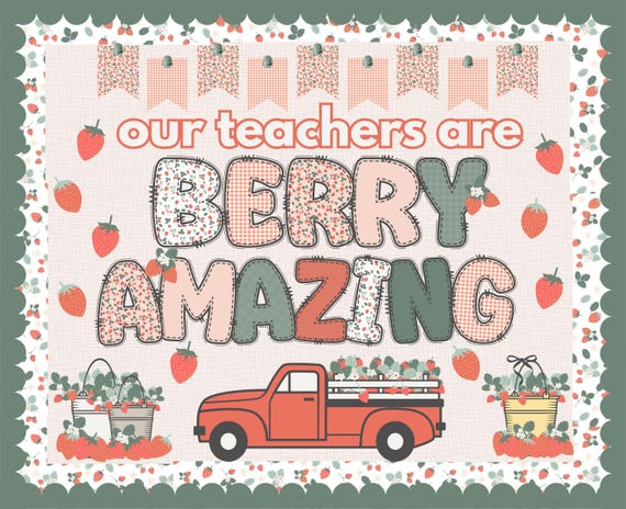 Spring Teacher Appreciation Bulletin Board |Strawberry Classroom Display | Berry Flower Decor for Schools| Doodle Alphabet Letters PNG
