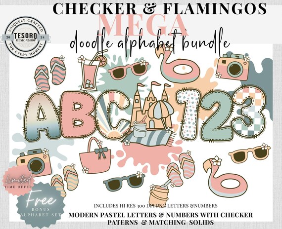 Summer Groovy Doodle Alphabet PNG |Original Alphabet Bundle |Flamingo Checker Letter A–Z Retro Font Clip art Bundle | Teacher Bulletin Board
