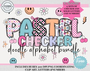Checker doodle alfabet bundel | Pastel checker & madeliefjesletters | Retro clipart | Sublimatie | Leraar PNG School prikbord trendy lettertype