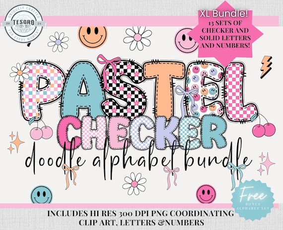 Pastel Checker Doodle Alphabet PNG |Original Doodle Alphabet Bundle |Checker Classroom Decor Letter A–Z | Clipart Bulletin Board Printable