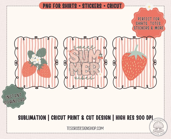 Strawberry Summer PNG Bundle | 3 Cute Summer Shirt Designs |Sweet Summer Vibes Tote |Aesthetic Sublimation Clipart |Cricut Print & Cut File