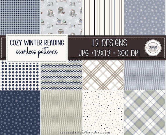 Cozy Winter Reading Seamless Pattern Bonus Clipart | 12x12 JPG Winter Digital Paper |Bookish Winter journal planner Background |Hygge Season