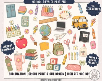 Paquete de imágenes prediseñadas para la vuelta al cole / Imágenes prediseñadas de material escolar / Gráficos para profesores / Imágenes PNG para el aula / Pegatinas y sublimación / Impresión y corte con Cricut