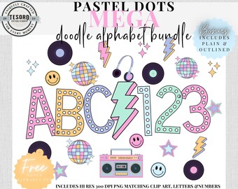 Dots Doodle Alphabet Bundle |Pastel A-Z Letters and Retro Clipart |Sublimination Digital File| Teacher PNG School Bulletin Board Trendy Font