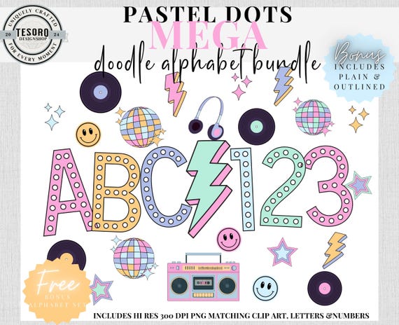 Dots Doodle Alphabet Bundle |Pastel A-Z Letters and Retro Clipart |Sublimination Digital File| Teacher PNG School Bulletin Board Trendy Font