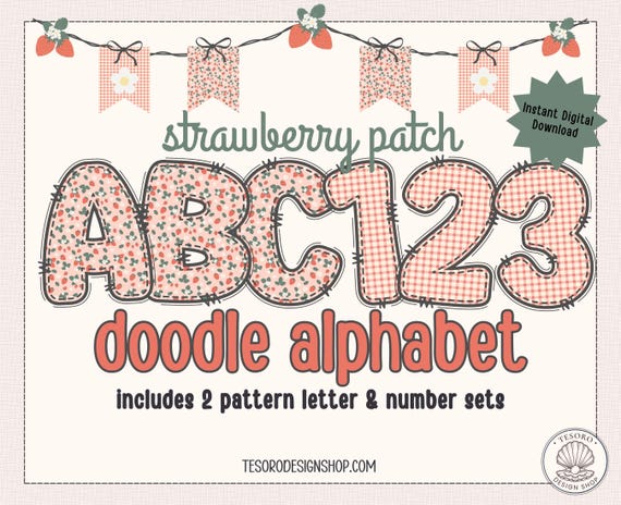 Strawberry Alphabet PNG |Doodle Letters Bundle |Retro Alphabet for Sublimation Cricut Crafts Classroom Decor
