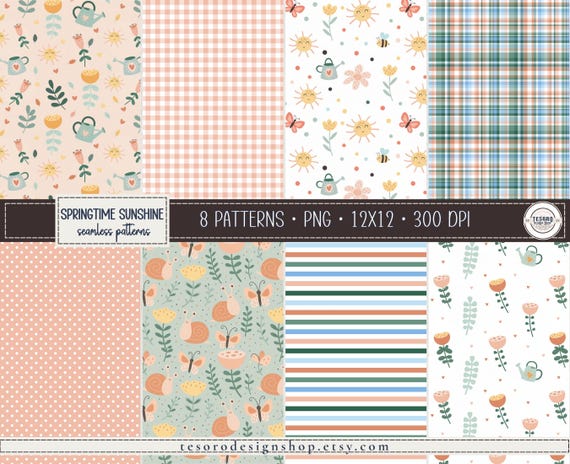 Springtime Sunshine Seamless Patterns | Spring Floral Digital Paper | Cute Spring Backgrounds | Classroom & Craft Patterns