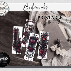 May include: Set of printable bookmarks featuring gothic-inspired designs. The bookmarks feature a skull, a castle, a heart, and a butterfly. The designs are in shades of black, gray, and red.