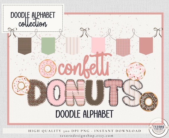 Gingham Doodle Alphabet Bundle PNG |Confetti Donuts Bulletin Board Kit Letters A-Z |Pink Bows Sublimination Craft |Classroom Decor