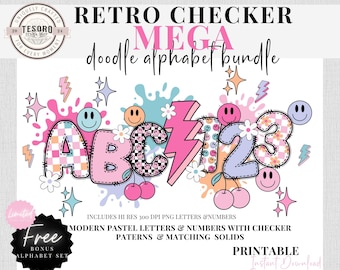 Checker Doodle Alphabet Bundle PNG | Retro Clipart Letters| Lightning bolt Cherries Daisies Sublimination |Teacher PNG School Bulletin Board