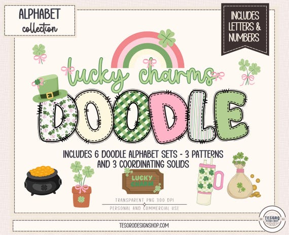 Shamrock Doodle Alphabet PNG Bundle |Lucky Charm March Alphabet Letter |St Patricks Day Cricut Alphabet |Printable Sublimation Display Decor