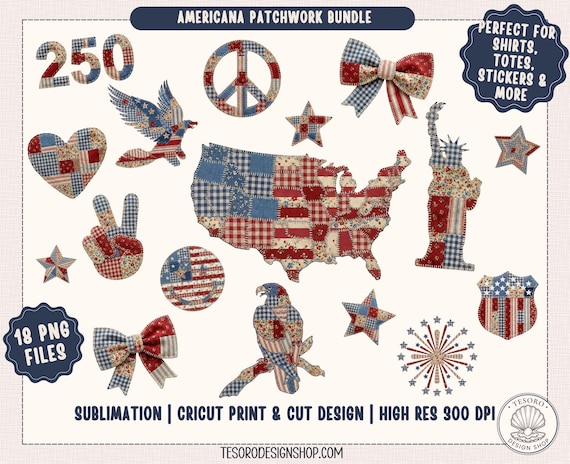 Americana Patchwork Clipart PNG Bundle |Patriotic Sublimation |Vintage USA Faux Quilt Graphic Applique |4th of July Design |Cricut Print Cut