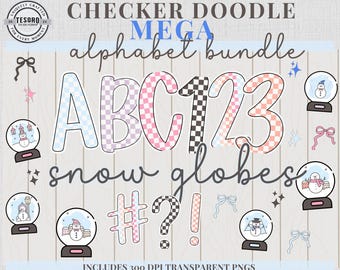 Checker Snow Globe Alphabet Bundle |Winter Doodle Letters PNG |Sublimation Cricut Print & Cut Classroom Decor Winter Cute Class Door Letters