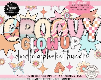 Retro Boho Checker Doodle Alphabet PNG |Groovy 70s Retro Clipart |Sublimination| Boho Butterfly Floral |Teacher Classroom Decor Alpha Font
