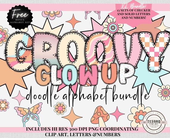 Retro Boho Checker Doodle Alphabet PNG |Groovy 70s Retro Clipart |Sublimination| Boho Butterfly Floral |Teacher Classroom Decor Alpha Font