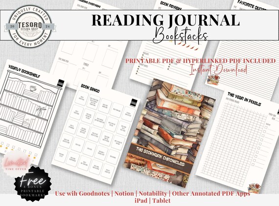 Hyperlinked Digital Reading Journal Bookstacks Book Review | Gift for Book Lovers Book Stack Printable | Bookshelf Tracker Book Review Log