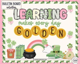 Tablón de anuncios escolar imprimible para el Día de San Patricio / Decoración escolar con tréboles de marzo / Tema de aprendizaje del alfabeto doodle, exhibición de biblioteca dorada