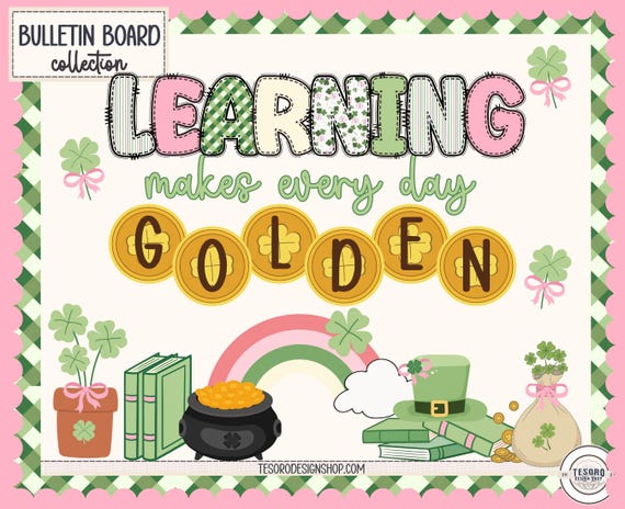 St Patrick’s Day School Bulletin Board Printable | March Shamrocks School Decor | Doodle Alphabet Learning Theme Golden Library Display