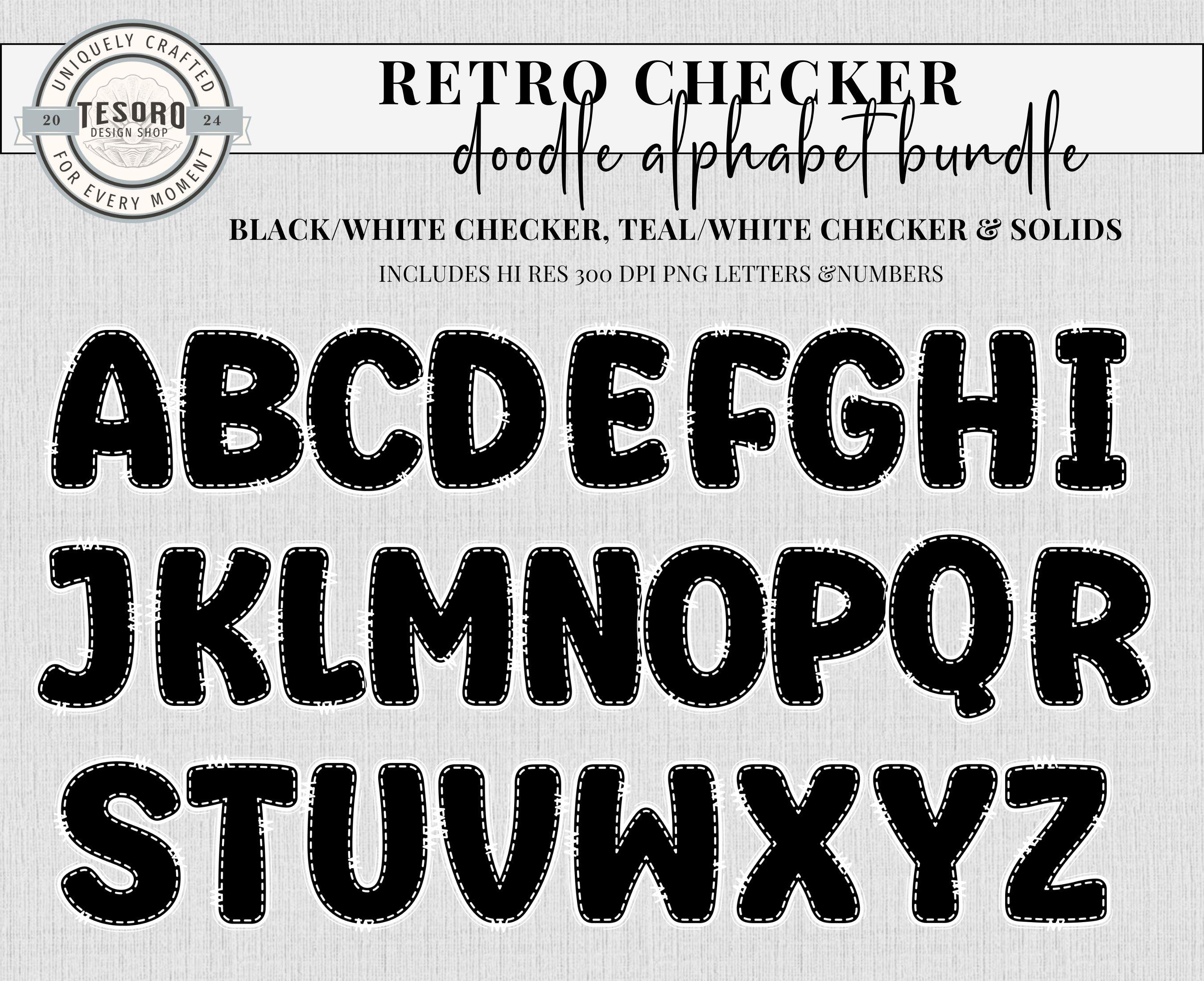 Checker Alphabet Bundle Doodle PNG | Blue Checker Retro Letters School ...