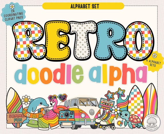 Retro Summer Alphabet Bundle |Beach Ocean Doodle Letters PNG |Surf Sea Life Clipart Alphabet |Sublimation Design |Sea Life |Cricut Print Cut