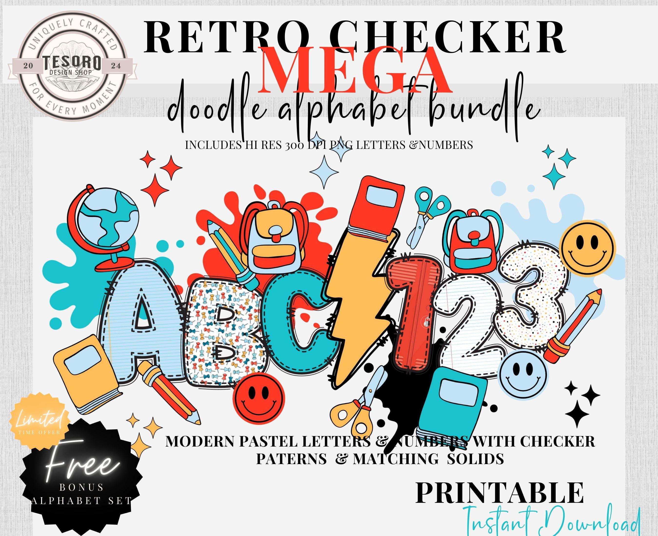 Back to School Decor Checker Retro Doodle Alphabet PNG Font |Letter and Clipart Alpha Bundle |Sublimination | Teacher Bulletin Board Prints