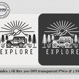 May include: Black and white graphic design featuring a jeep, mountains, trees, and sunburst. The word "EXPLORE" is below the jeep. Includes 2 high-resolution, 300 DPI transparent PNGs and 2 SVGs.