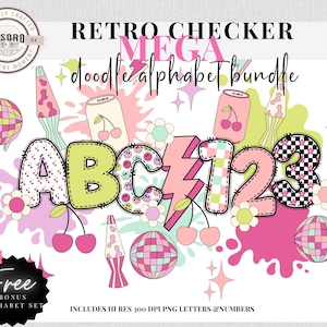 Disco Checker Cherry Retro Doodle Alphabet PNG Font |Letter and Clipart MEGA Bundle |Sublimination | Teacher PNG School Bulletin Board Print