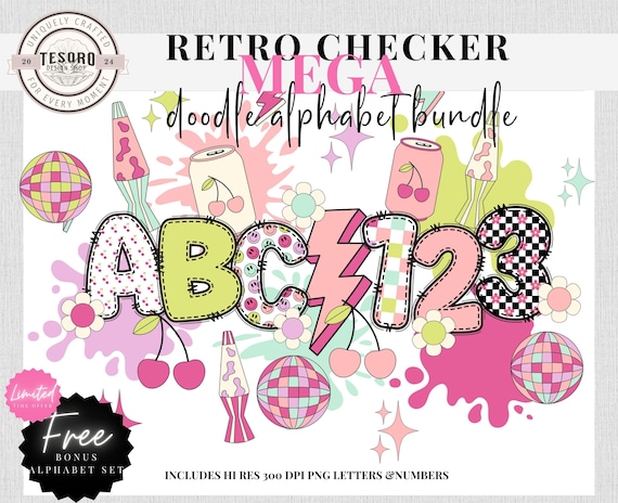 Retro Disco Doodle Alphabet PNG |Original Doodle Alphabet Bundle | Groovy Digital Alphabet Letters A–Z |Checker Cherry Digital Alphabet Font
