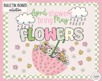 Spring Bulletin Board |April Showers Bring May Flowers Classroom Display |Umbrella Flower Decor for Teachers | Doodle Alphabet Letters PNG