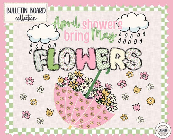 Spring Bulletin Board |April Showers Bring May Flowers Classroom Display |Umbrella Flower Decor for Teachers | Doodle Alphabet Letters PNG