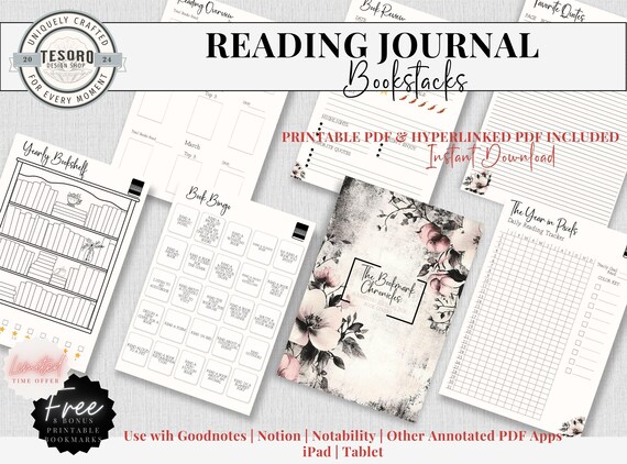 Hyperlinked Digital Reading Journal Vintage Floral Book Review |Gift for Book Lovers Book Stack Printable |Bookshelf Tracker Book Review Log