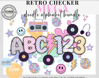 Funky Checkerboard Alphabet + Clipart Set |Sublimation PNG Craft | Disco Smiley Lightning| Checker Doodle Alpha Retro Clip Art Trendy Font