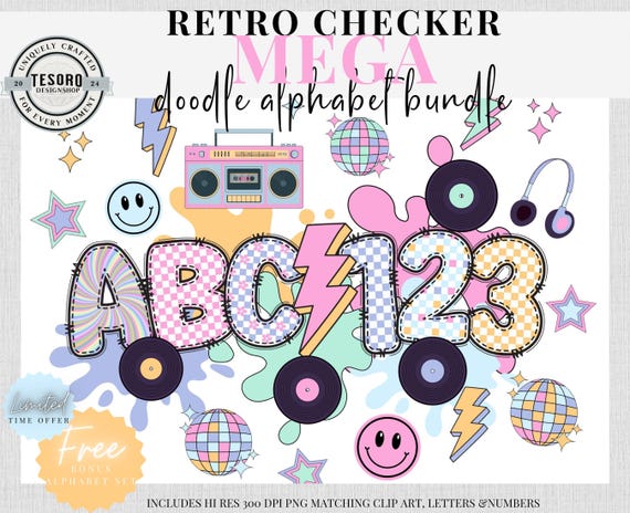 Funky Checkerboard Alphabet + Clipart Set |Sublimation PNG Craft | Disco Smiley Lightning| Checker Doodle Alpha Retro Clip Art Trendy Font