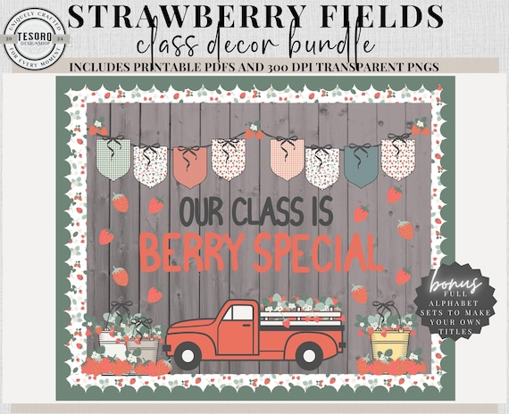 Strawberry Classroom Decor Bundle | Bulletin Board Kit with Banner, Border, Letters & Clipart | Teacher Homeschool Printable| Vintage Truck