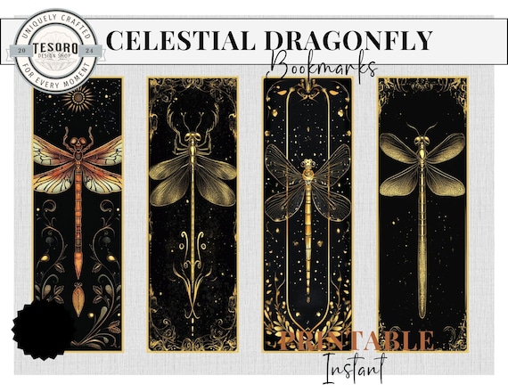 Celestial Witchy Dragonfly bookmark Printable | Custom bookmarks  | Aesthetic bookmark | Moon Stars Bookmark | Dark Romance book marks
