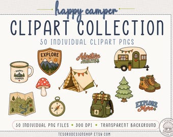 Happy Camper Clipart PNG Set – 50 Camping & Outdoor Illustrations  | Camping Trip Graphics | Cute Cozy Woodland Animals