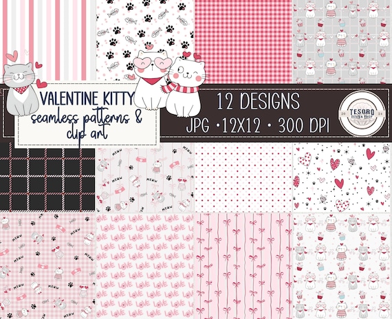 Valentine Cat Seamless Pattern Clip Art Bundle |12x12 JPEG Background + PNG Elements Bundle |Cute Kitty Pink Heart Bows February planner kit