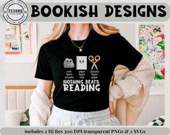 Nada supera la lectura SVG PNG / Lindo diseño de camiseta kawaii para amantes de los libros, piedra, papel o tijera / Divertido diseño de sublimación para bibliotecarios de clubes de lectura