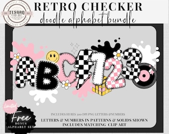 Checker Alphabet Bundle Doodle PNG | Pink Checker Retro Letters School Teacher PNG | Black Checker Clipart | Instant Download | Lightning