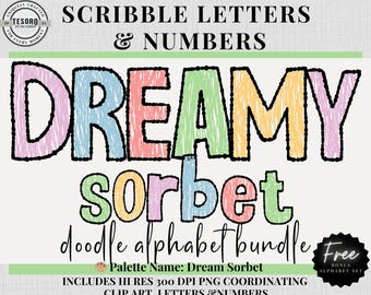 Scribble Doodle Alphabet Set |Pastel Letters Numbers |Cute Font Clipart PNG |Sublimination | Teacher School Bulletin Board Trendy Printable