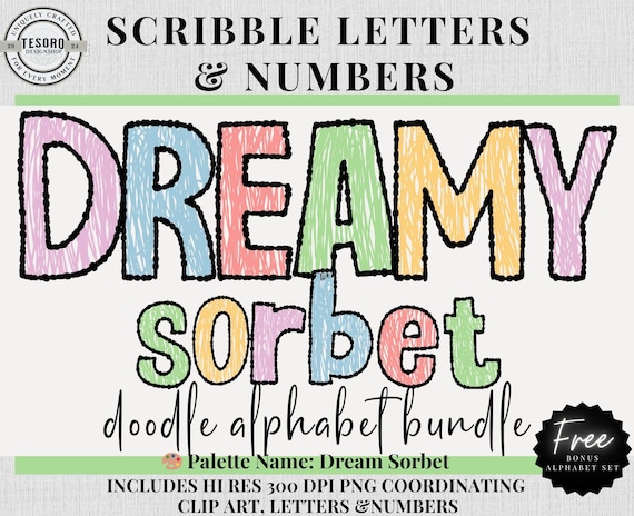 Scribble Doodle Alphabet Set |Pastel Letters Numbers |Cute Font Clipart PNG |Sublimination | Teacher School Bulletin Board Trendy Printable