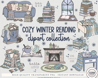 Cozy Winter Reading Clipart Bundle PNG Stickers Journal Classroom Decor |Instant Aesthetic Art Easy Creative Hobby |Book Lover Sticker Sheet