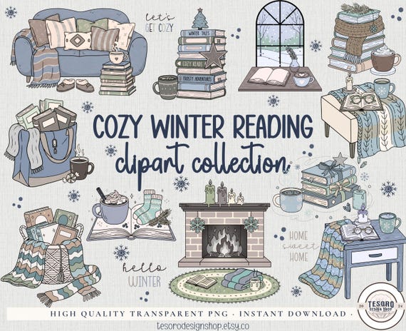 Cozy Winter Reading Clipart Bundle PNG Stickers Journal Classroom Decor |Instant Aesthetic Art Easy Creative Hobby |Book Lover Sticker Sheet