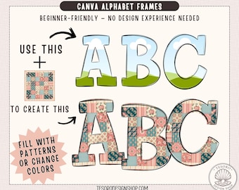 Canva Pattern Alphabet Frames Template |Editable Fillable Letters A-Z | Custom Doodle Alphabet Canva Bulletin Board Pattern Fill Text Frame