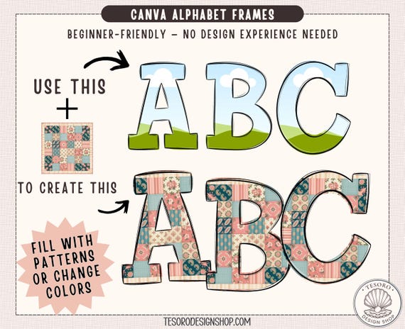 Canva Pattern Alphabet Frames Template |Editable Fillable Letters A-Z | Custom Doodle Alphabet Canva Bulletin Board Pattern Fill Text Frame