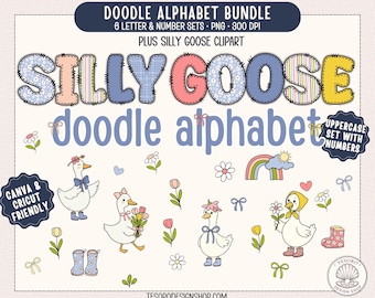Paquete de alfabeto doodle PNG, letras imprimibles, clip art de ganso de primavera, alfabeto Cricut para pequeñas empresas, decoración de exhibición por sublimación imprimible