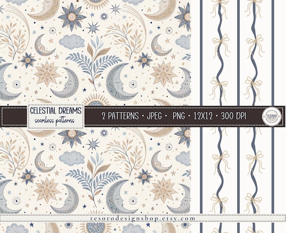 Celestial Seamless Pattern Backgrounds |Scrapbook Digital Paper PNG |Sun Moon Stars Repeating Design Set |Surface Patterns Wrapping Fabric