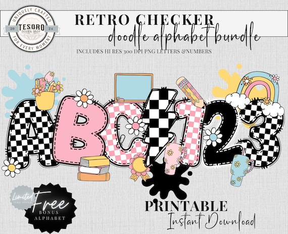 Alphabet Bundle Doodle PNG | Pink Checker Retro Letters School Teacher PNG | Back to school Clipart | Instant Download | Sublimination File