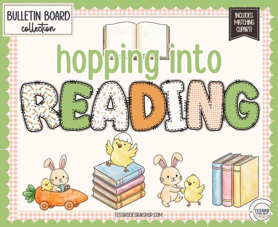 Spring Reading Bulletin Board |Hopping Into Reading Classroom Display |Bunny Chick Library Bulletin Board Ideas| Spring Classroom Decor